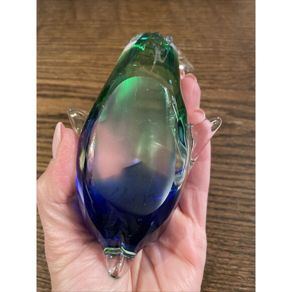 Dolphin Hand Blown Blue and Green Glass Paperweight Tail Up Heavy Vintage - Picture 4 of 6